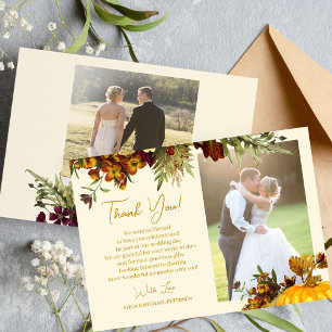 Rustic fall floral gold script photo wedding thank you card