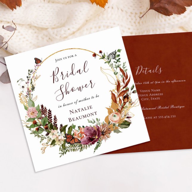 Rustic Fall Floral & Greenery Square Bridal Shower Invitation (Creator Uploaded)