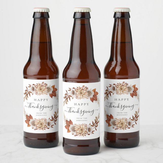 Rustic Fall Floral Happy Thanksgiving  Beer Bottle Label (Bottles)