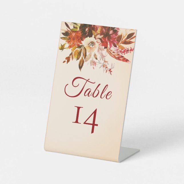 Rustic Fall Floral Ivory Wedding Table Number Pedestal Sign (Front)