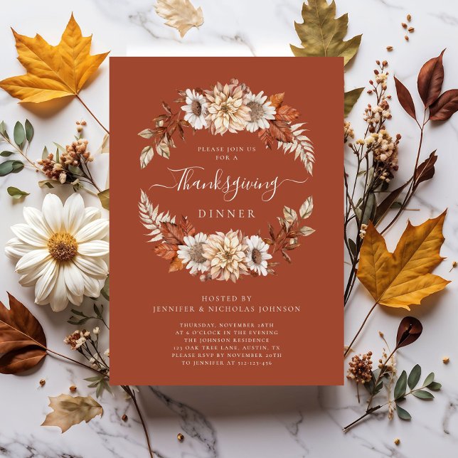 Rustic Fall Floral Leaves Thanksgiving Dinner  Invitation (Rustic Fall Floral Leaves Thanksgiving Dinner Invitation)