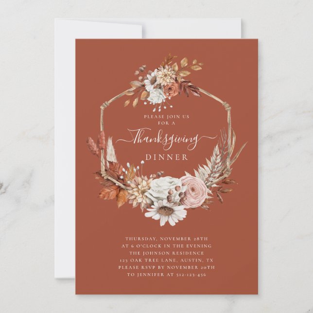 Rustic Fall Floral Leaves Thanksgiving Dinner Invitation (Front)