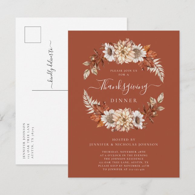 Rustic Fall Floral Leaves Thanksgiving Dinner  Invitation Postcard (Front/Back)
