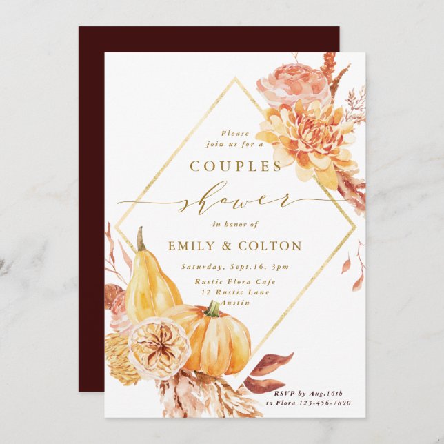 Rustic Fall Floral Pumpkin Gold Couples Shower  Invitation (Front/Back)
