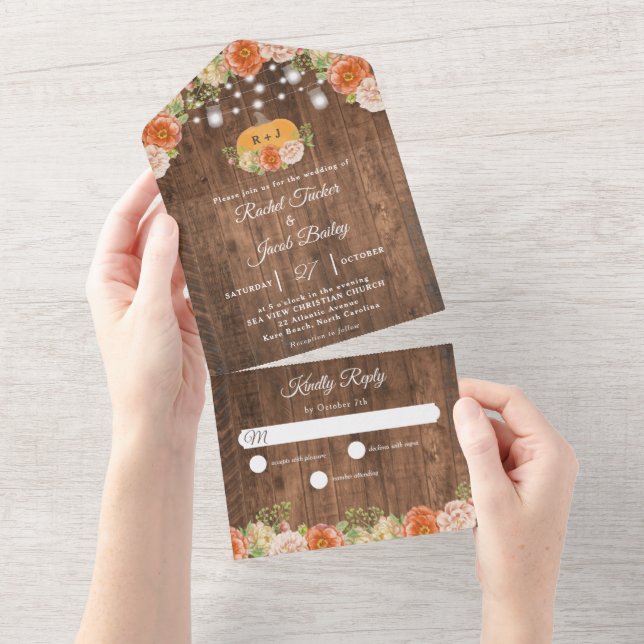 Rustic Fall Floral Pumpkin String Lights Wedding All In One Invitation (Tearaway)