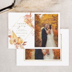 Rustic Fall Floral Pumpkin Wedding 2 Photo Gold Thank You Card