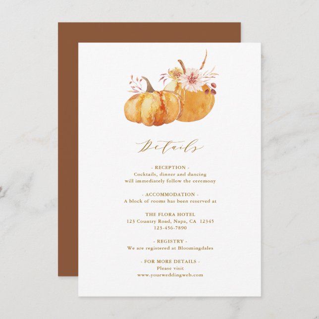 Rustic Fall Floral Pumpkin Wedding Details Gold Enclosure Card (Front/Back)