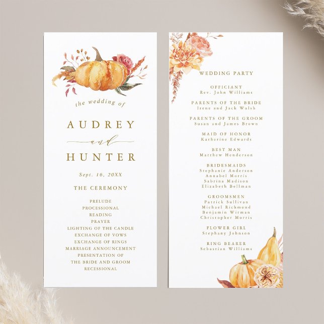 Rustic Fall Floral Pumpkin Wedding Gold Programme (Front & Back)
