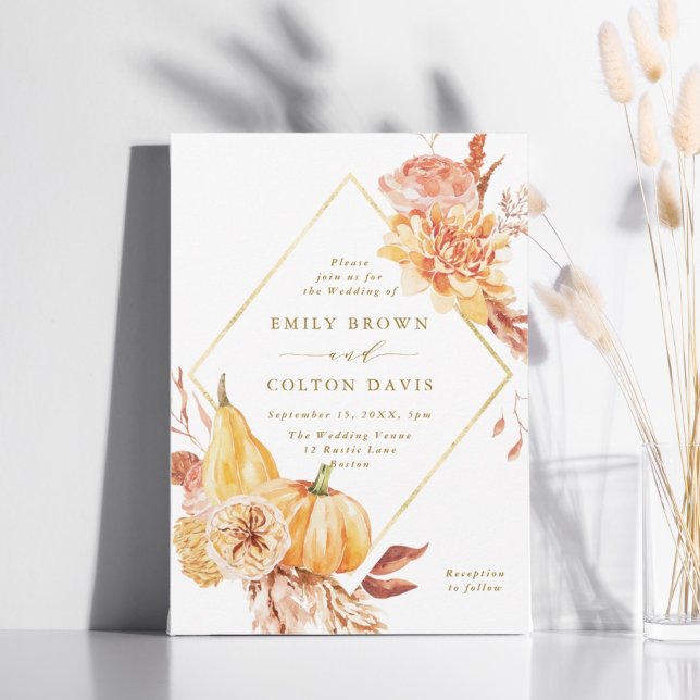 Rustic Fall Floral Pumpkin Wedding Gold Script Invitation (Creator Uploaded)