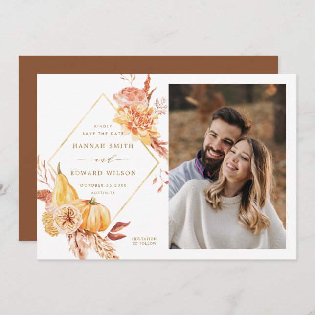 Rustic Fall Floral Pumpkin Wedding Photo Gold Save The Date (Front/Back)