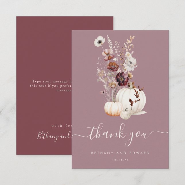Rustic Fall Floral Pumpkin Wedding Thank You Card (Front/Back)