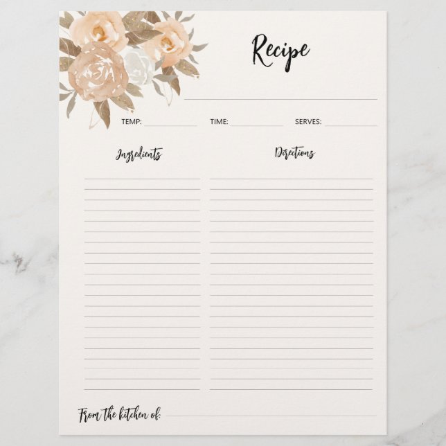 Rustic Fall Floral Recipe Binder Paper (Front)