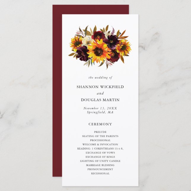 Rustic Fall Floral Sunflower Wedding Programme (Front/Back)