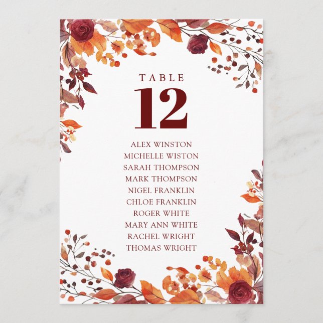 Rustic Fall Floral Table Number Seating Chart (Front)