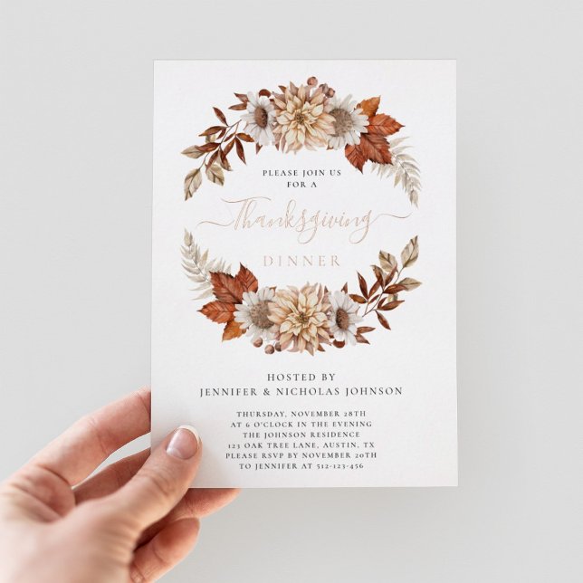 Rustic Fall Floral Thanksgiving Dinner (Front - Rustic Fall Floral Thanksgiving Dinner Foil Invitation)