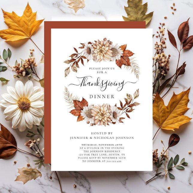 Rustic Fall Floral Thanksgiving Dinner  Invitation (Rustic Fall Floral Thanksgiving Dinner Invitation)