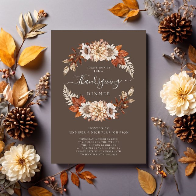 Rustic Fall Floral Thanksgiving Dinner Invitation (Rustic Brown Fall Floral Thanksgiving Dinner Invitation)