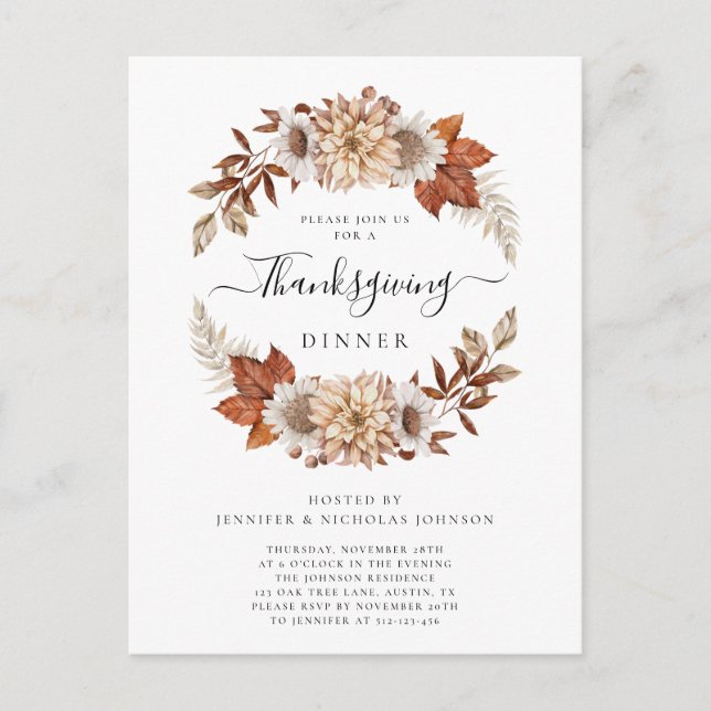 Rustic Fall Floral Thanksgiving Dinner Invitation Postcard (Front)