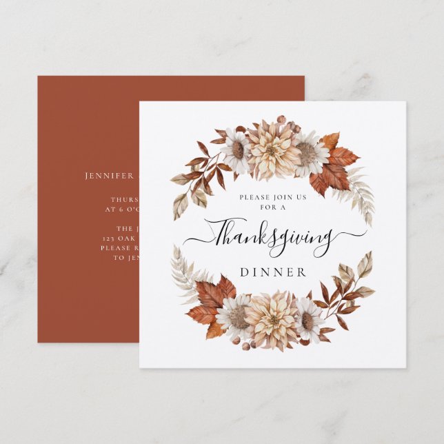 Rustic Fall Floral Thanksgiving Dinner Square Invitation (Front/Back)