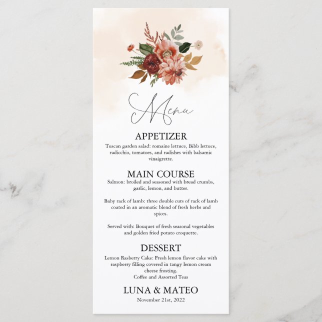Rustic Fall Floral Themed Wedding Dinner Menu (Front)