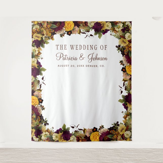 Rustic fall floral wedding photo booth backdrop tapestry (Front)