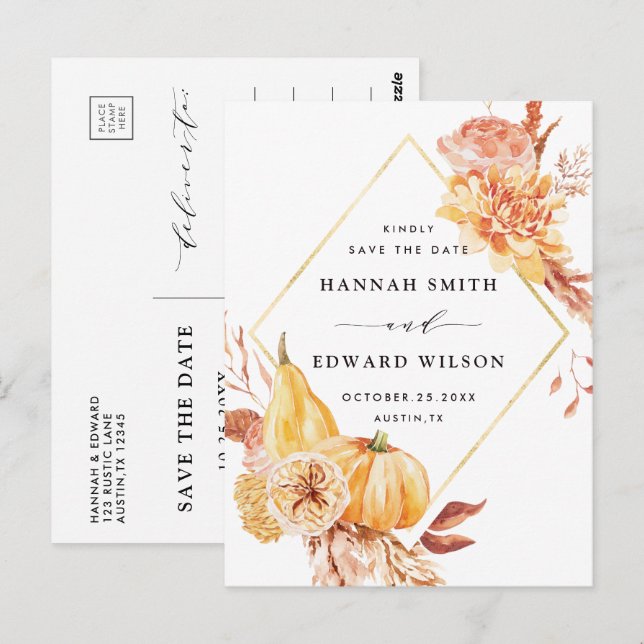 Rustic Fall Floral Wedding Photo Save the Date Postcard (Front/Back)
