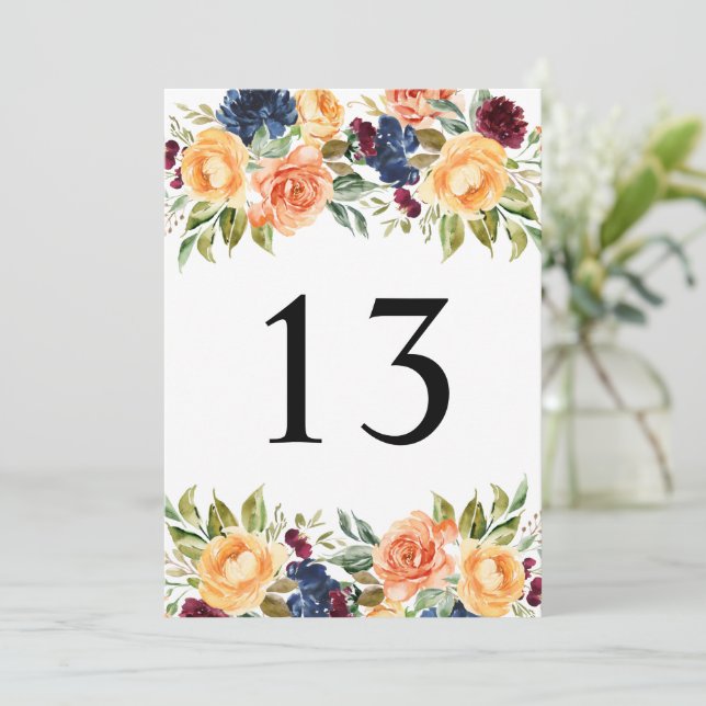 Rustic Fall Floral Wedding Table Number Card (Standing Front)