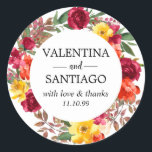 Rustic Fall Floral Wedding Thank You Favour Classic Round Sticker<br><div class="desc">Bright and colourful fall flowers create a beautiful and elegant rustic wreath. Burgundy red roses and bright yellow,  orange and blush pink flowers</div>
