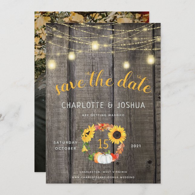 Rustic Fall Floral Wreath Barnwood Save the Date Invitation (Front/Back)