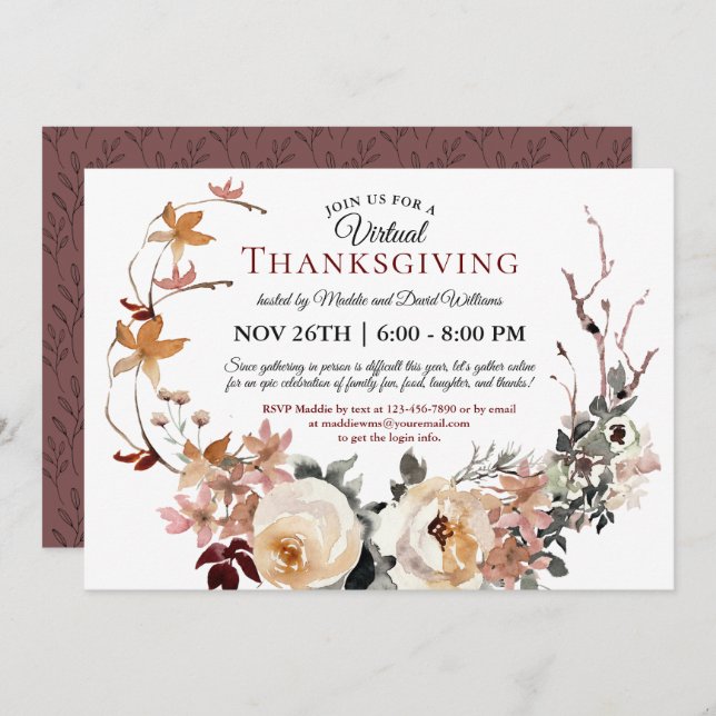 Rustic Fall Floral Wreath Virtual Thanksgiving Invitation (Front/Back)