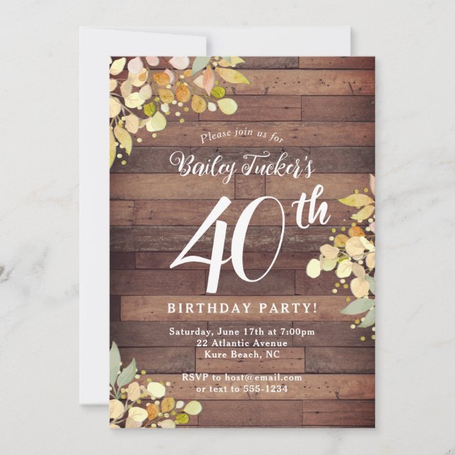 Rustic Fall Florals Gold Foil Dots 40th Birthday Invitation (Front)