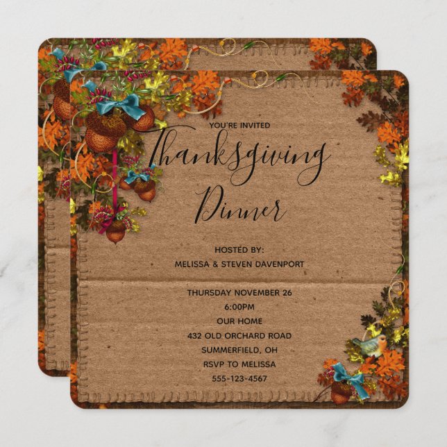 Rustic Fall Flowers & Acorns Thanksgiving Dinner Invitation (Front/Back)