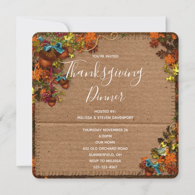 Rustic Fall Flowers & Acorns Thanksgiving Dinner Invitation (Front)
