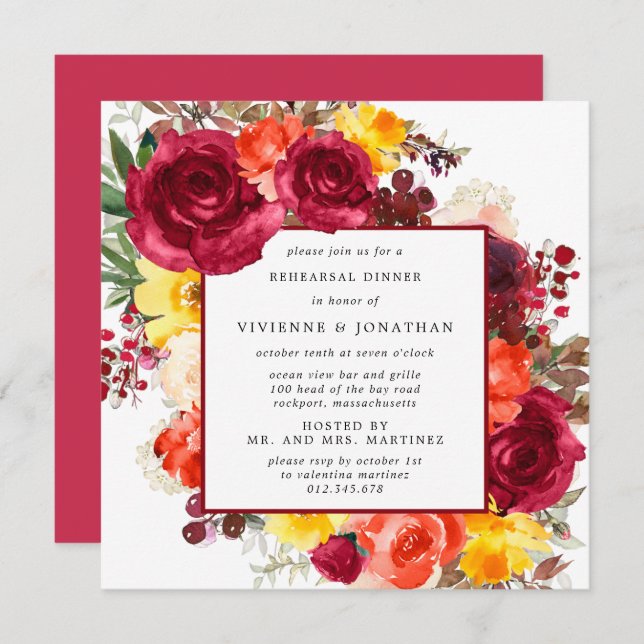 Rustic Fall Flowers Rehearsal Dinner Invitation (Front/Back)