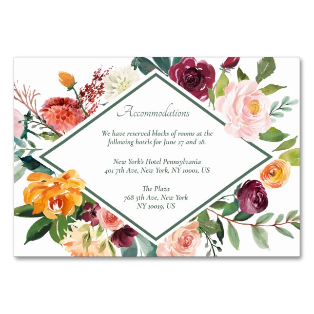 Rustic Fall Flowers Sage Green Accommodation Cards (Front)