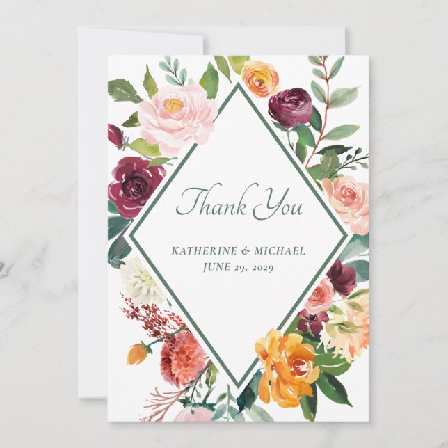 Rustic Fall Flowers Sage Green Thank You Card (Front)