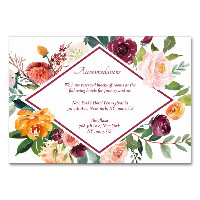 Rustic Fall Flowers Wine Red Accommodation Cards (Front)