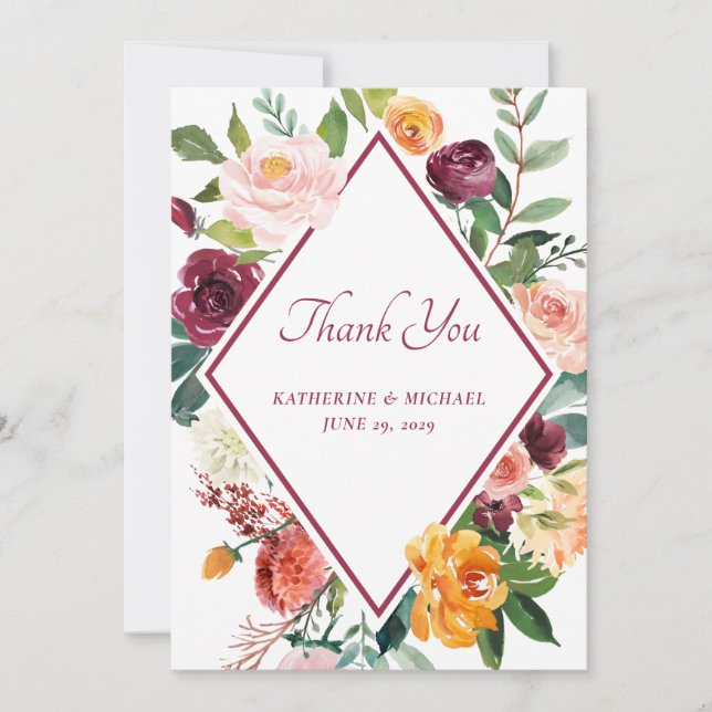 Rustic Fall Flowers Wine Red Thank You Card (Front)