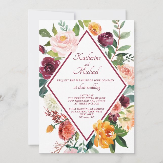 Rustic Fall Flowers Wine Red Wedding Invitation (Front)