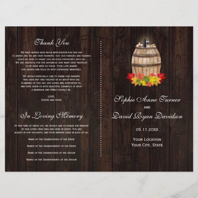 Rustic Fall Foliage Wine Barrel Wedding Program Flyer (Front)