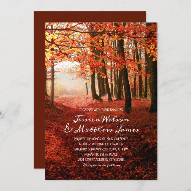 Rustic Fall Forest Burgundy Autumn Country Wedding Invitation (Front/Back)