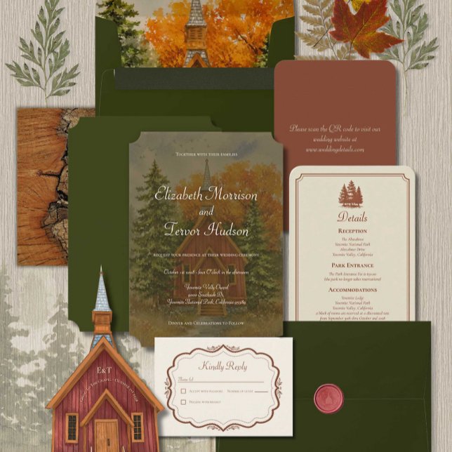 Rustic Fall Forest Yosemite National Park Wedding Invitation (One of kind hand painted Yosemite National Park Valley Chapel. Forest Autumn Wedding Stationery Suit)