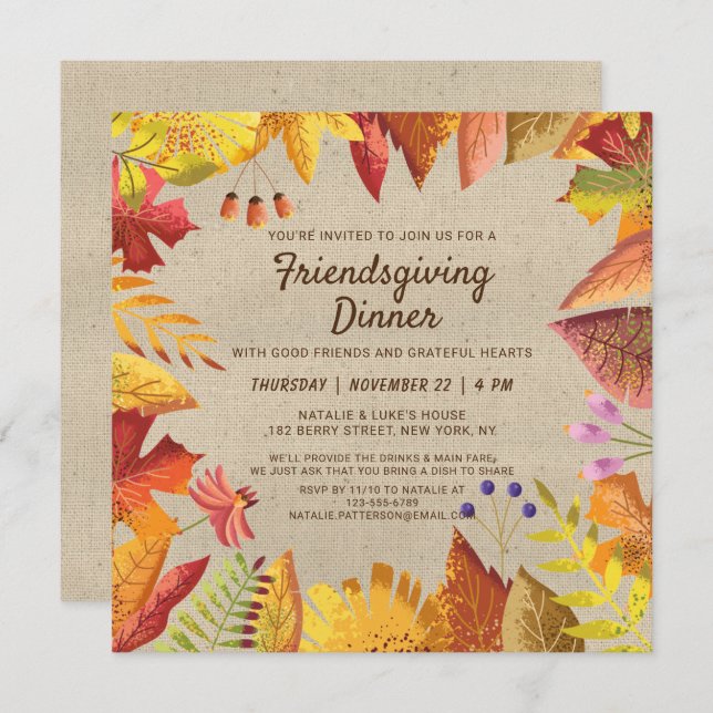 Rustic Fall Friendsgiving Dinner Watercolor Floral Invitation (Front/Back)