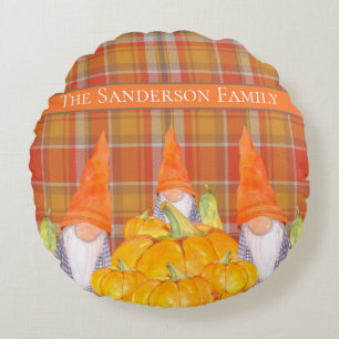 Rustic Fall Gnome pumpkin orange plaid Round Cushion