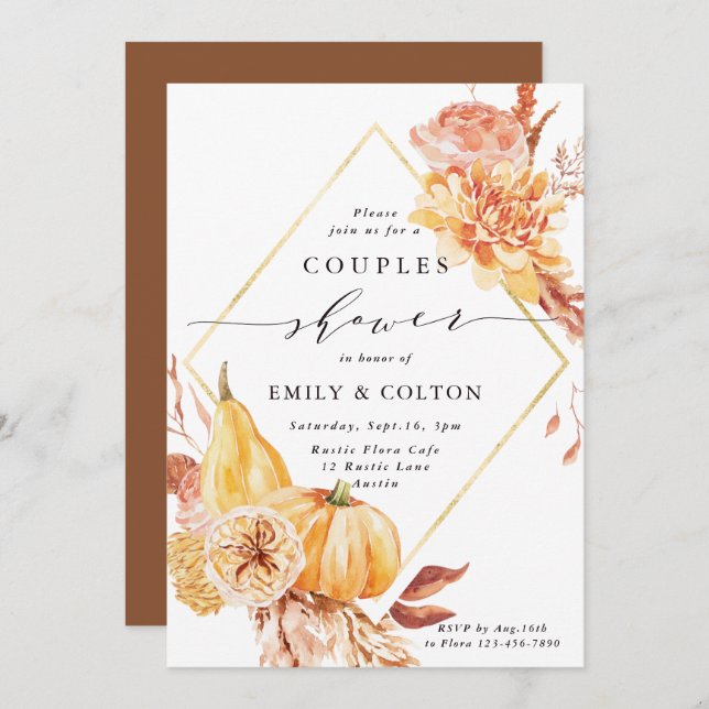 Rustic Fall Gold Floral Pumpkin Couples Shower Invitation (Front/Back)