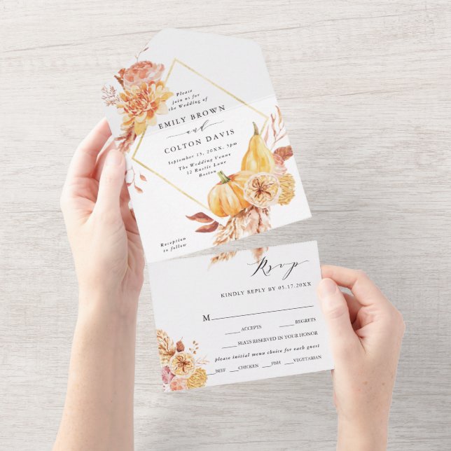 Rustic Fall Gold Floral Pumpkin Wedding All In One Invitation (Tearaway)