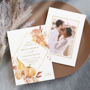 Rustic Fall Gold Floral Pumpkin Wedding Photo Invitation