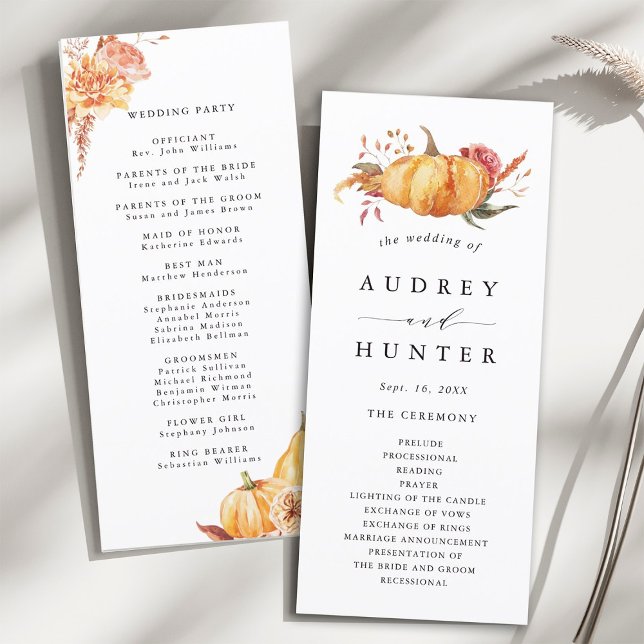 Rustic Fall Gold Floral Pumpkin Wedding Programme (Front & Back)