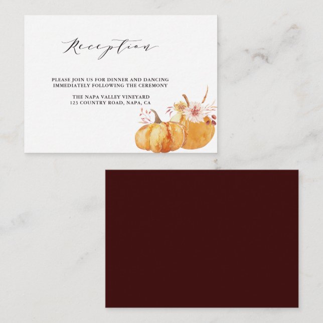 Rustic Fall Gold Floral Pumpkin Wedding Reception  Enclosure Card (Front/Back)