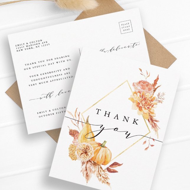 Rustic Fall Gold Floral Wedding Thank You  Postcard (Front & Back)